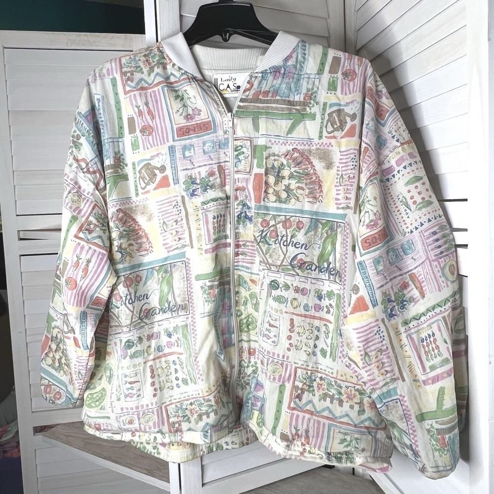Vintage 90s Lady C.A. Sport Kitchen Garden Print Jacket XL Pastel Zip Up‎ *Read